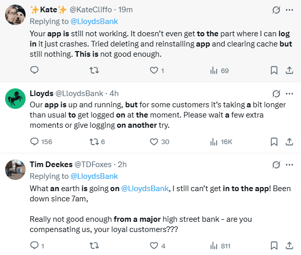 Frustrated users flood social media as Lloyd's Bank insists its app is running, despite ongoing login failures.