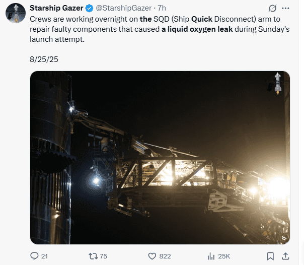  Crews are repairing the SQD arm overnight after a liquid oxygen leak halted Sunday’s Starship launch attempt.