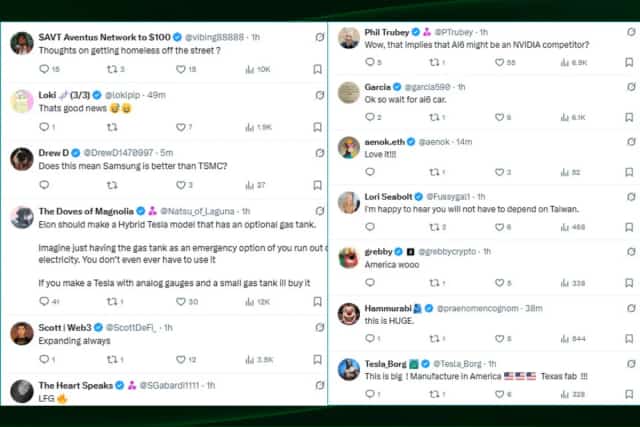 Screenshot of user comments on X praising Tesla’s $16.5B chip partnership with Samsung, highlighting reactions about AI6 chips and U.S. manufacturing.