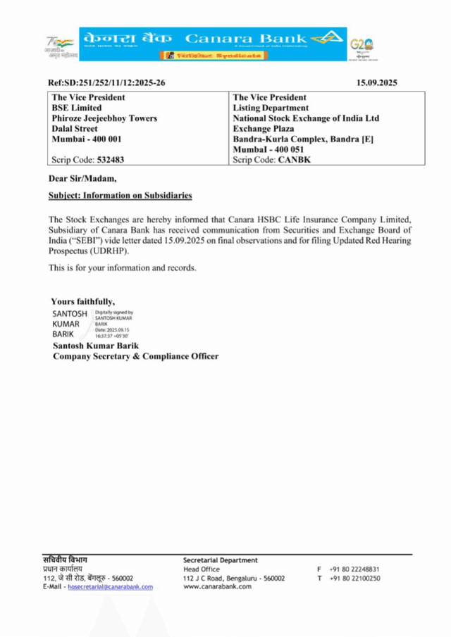 Canara Bank Official Source: IPO Approval Document