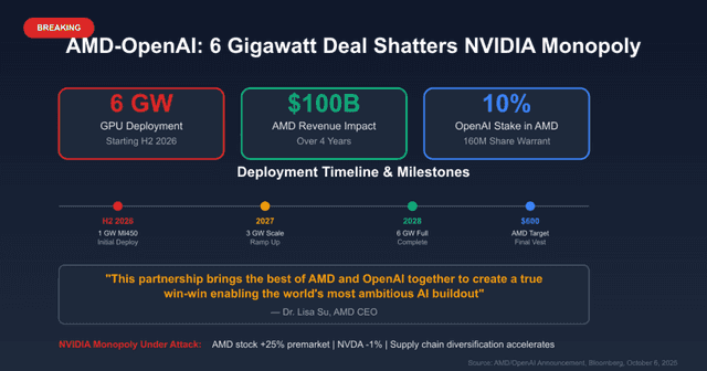 AMD and OpenAI strike a $100B deal to challenge NVIDIA’s dominance with a massive 6GW AI GPU deployment.