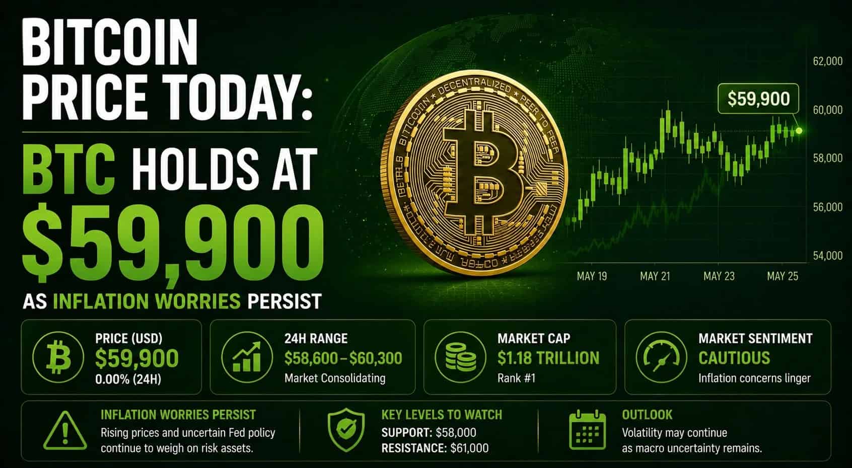 Bitcoin Price Today: BTC Holds at $59,900 as Inflation Worries Persist