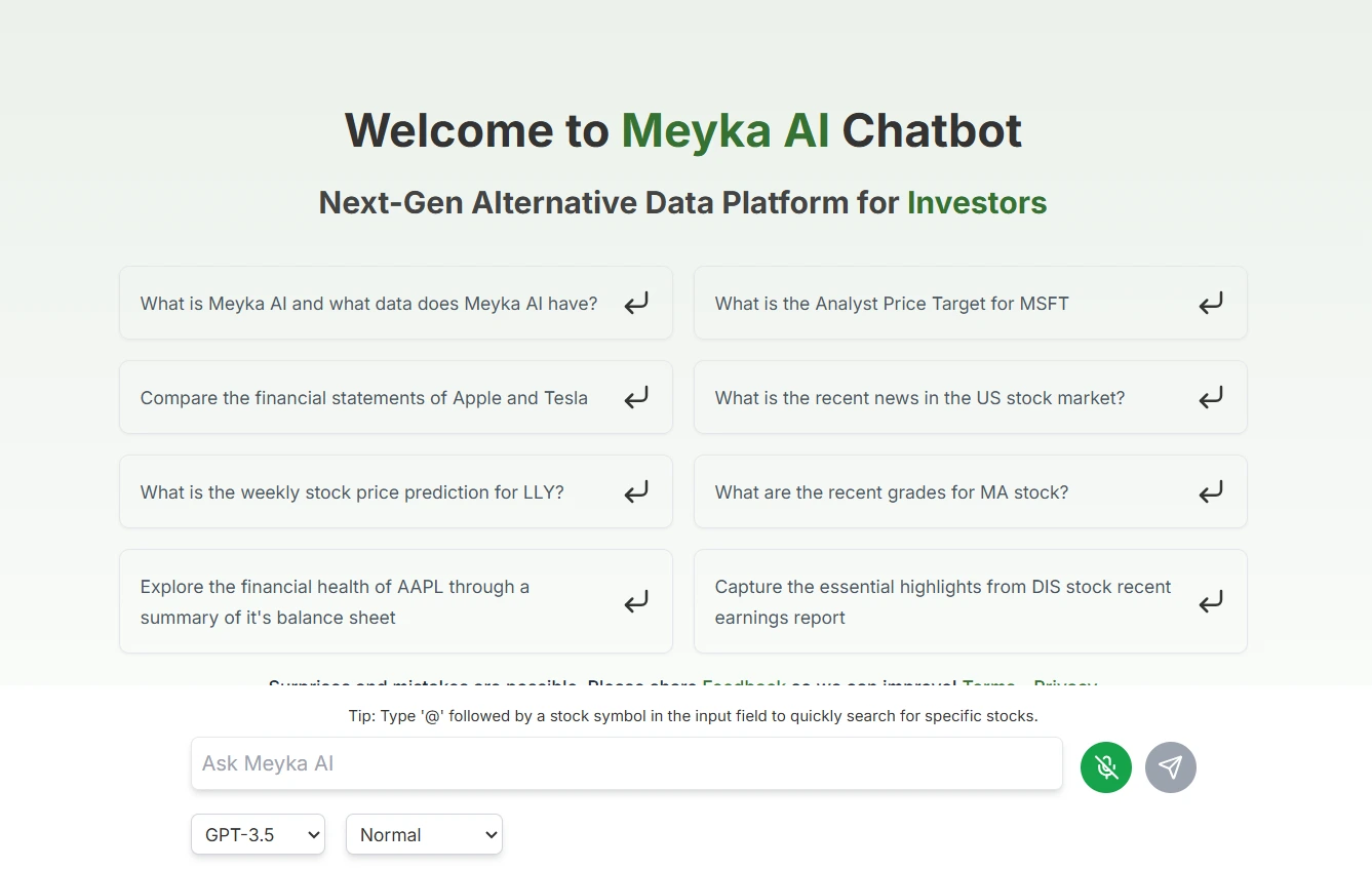 Screenshot of the Meyka AI Chatbot interface showing example questions and an input field.